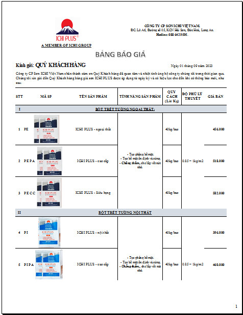 BẢNG BÁO GIÁ